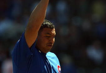 CHICAGO - APRIL 17:  Carlos Zambrano #38 of the Chicago Cubs points to the sky during the game against the St. Louis Cardinals on April 17, 2009 at Wrigley Field in Chicago, Illinois. (Photo by Jonathan Daniel/Getty Images) 