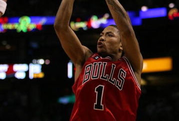 BOSTON - APRIL 28:  Derrick Rose #1 of the Chicago Bulls takes a shot in the second half against the Boston Celtics in Game Five of the Eastern Conference Quarterfinals during the 2009 NBA Playoffs at TD Banknorth Garden on April 28, 2009 in Boston, Massachusetts. The Celtics defeated the Bulls 106-104 in overtime. NOTE TO USER: User expressly acknowledges and agrees that, by downloading and or using this photograph, User is consenting to the terms and conditions of the Getty Images License Agreement.  (Photo by Elsa/Getty Images)