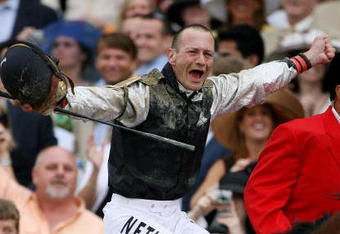 LOUISVILLE, KY - MAY 02:  Jockey Calvin Borel atop Mine That Bird celebrates his win in the 135th running of the Kentucky Derby on May 2, 2009 at Churchill Downs in Louisville, Kentucky.  (Photo by Andy Lyons/Getty Images)