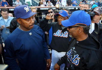 NEW YORK - APRIL 17:  Manager Jerry Manual of the New York Mets greets bench coach Willie Randolph of the Milwaukee Brewers before their game on April 17, 2009 at Citi Field in the Flushing neighborhood of the Queens borough of New York City.  (Photo by Jim McIsaac/Getty Images)
