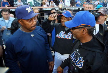 NEW YORK - APRIL 17:  Manager Jerry Manual of the New York Mets greets bench coach Willie Randolph of the Milwaukee Brewers before their game on April 17, 2009 at Citi Field in the Flushing neighborhood of the Queens borough of New York City.  (Photo by Jim McIsaac/Getty Images)