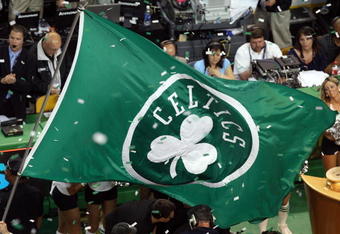 BOSTON - JUNE 17:  A Boston Celtics flag is on the court after the Celtics defeated the Los Angeles Lakers in Game Six of the 2008 NBA Finals on June 17, 2008 at TD Banknorth Garden in Boston, Massachusetts. NOTE TO USER: User expressly acknowledges and agrees that, by downloading and/or using this Photograph, user is consenting to the terms and conditions of the Getty Images License Agreement.  (Photo by Kevin C. Cox/Getty Images)