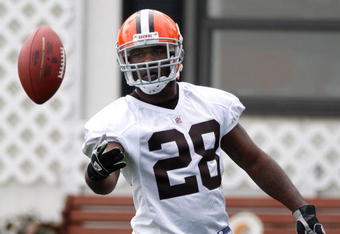 BEREA, OH - MAY 02:  James Davis #28 of the Cleveland Browns tosses a ball to a coach during rookie mini camp at the Cleveland Browns Training and Administrative Complex on May 2, 2009 in Berea, Ohio.  (Photo by Gregory Shamus/Getty Images)