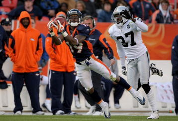 DENVER - NOVEMBER 23:  Wide receiver Eddie Royal #19 of the Denver Broncos is unable to make a reception as Chris Johnson #37 of the Oakland Raiders defends during week 12 NFL action at Invesco Field at Mile High on November 23, 2008 in Denver, Colorado. The Raiders defeated the Broncos 31-10.  (Photo by Doug Pensinger/Getty Images)