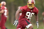 ASHBURN, VA - MAY 1:  Brian Orakpo #98, the Washington Redskins first round draft pick, runs through drills during minicamp on May 1, 2009 at Redskins Park in Ashurn, Virginia.   (Photo by Mitchell Layton/Getty Images)