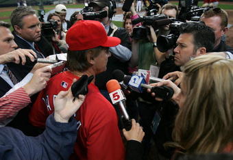 MILWAUKEE - APRIL 30: Manager Tony LaRussa of the St. Louis Cardinals answers questions from media members about the death of Cardinal player Josh Hancock before a game against the Milwaukee Brewers on April 30, 2007 at Miller Park  in Milwaukee, Wisconsin. (Photo by Jonathan Daniel/Getty Images)