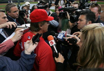 MILWAUKEE - APRIL 30: Manager Tony LaRussa of the St. Louis Cardinals answers questions from media members about the death of Cardinal player Josh Hancock before a game against the Milwaukee Brewers on April 30, 2007 at Miller Park  in Milwaukee, Wisconsin. (Photo by Jonathan Daniel/Getty Images)