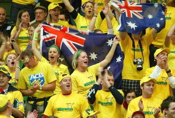 MALMO, SWEDEN - APRIL 4:  Aussie fans show their support during the match between Mark Philippoussis of Australia and Jonas Bjorkman of Sweden during the quarterfinals of the Davis Cup between Sweden and Australia at the Baltiska Hall on April 4, 2003 in Malmo , Sweden. (Photo by Phil Cole/Getty Images)