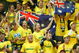 MALMO, SWEDEN - APRIL 4:  Aussie fans show their support during the match between Mark Philippoussis of Australia and Jonas Bjorkman of Sweden during the quarterfinals of the Davis Cup between Sweden and Australia at the Baltiska Hall on April 4, 2003 in Malmo , Sweden. (Photo by Phil Cole/Getty Images)