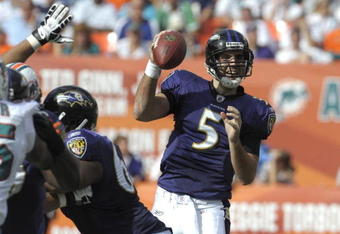 MIAMI, FL - JANUARY 4:  Quarterback Joe Flacco #5 of the Baltimore Ravens sets to pass against the Miami Dolphins in an NFL Wildcard Playoff Game at Dolphins Stadium on January 4, 2009 in Miami, Floirda.  (Photo by Al Messerschmidt/Getty Images) 