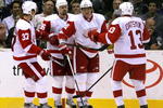 LOS ANGELES, CA - OCTOBER 27:  Marian Hossa #81 of the Detroit Red Wings celebrates with teammates Mikael Samuelsson #37, Tomas Holmstrom #96 and Pavel Datsyuk #13 after Hossa scored a second period power play goal against the Los Angeles Kings during the NHL game at Staples Center on October 27, 2008 in Los Angeles, California.  (Photo by Christian Petersen/Getty Images)