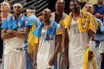 DENVER - APRIL 29:  Starters Carmelo Anthony #15, Chauncey Billups #7 and Nene #31 of the Denver Nuggets watch the final minutes against the New Orleans Hornets from the bench in Game Five of the Western Conference Quarterfinals during the 2009 NBA Playoffs at Pepsi Center on April 29, 2009 in Denver, Colorado. Anthony had a game high 34 points as the Nuggets defeated the Hornets 107-86 to advance to the Conference Semifinals against Dallas. NOTE TO USER: User expressly acknowledges and agrees that, by downloading and or using this photograph, User is consenting to the terms and conditions of the Getty Images License Agreement.  (Photo by Doug Pensinger/Getty Images)