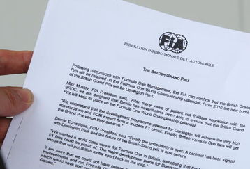 NORTHAMPTON, UNITED KINGDOM - JULY 04:  This photo illustration shows an FIA document relaying news of the change of venue of the British Grand Prix from 2010 to Donington Park , during practice for the British Formula One Grand Prix at Silverstone on July 4, 2008 in Northampton, England.  (Photo illustration by Mark Thompson/Getty Images)