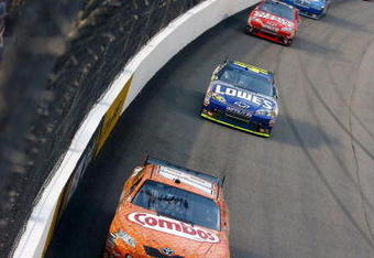 RICHMOND, VA - MAY 02:  Kyle Busch, driver of the #18 Combos Toyota, leads Jimmie Johnson, driver of the #48 Lowe's Chevrolet, during the NASCAR Sprint Cup Series Crown Royal Presents the Russ Friedman 400 at Richmond International Raceway on May 2, 2009 in Richmond, Virginia.  (Photo by Jason Smith/Getty Images)