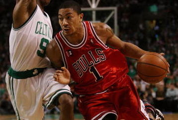 BOSTON - MAY 02:  Derrick Rose #1 of the Chicago Bulls drives to the net as Rajon Rondo #9 of the Boston Celtics defends in Game Seven of the Eastern Conference Quarterfinals during the 2009 NBA Playoffs at TD Banknorth Garden on May 2, 2009 in Boston, Massachusetts. The Celtics defeated the Bulls 109-99. NOTE TO USER: User expressly acknowledges and agrees that, by downloading and or using this photograph, User is consenting to the terms and conditions of the Getty Images License Agreement.  (Photo by Elsa/Getty Images)