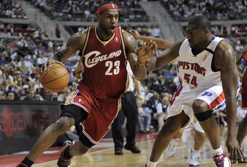 AUBURN HILLS, MI - APRIL 26:  LeBron James #23 of the Cleveland Cavaliers drives around Jason Maxiell #54 of the Detroit Pistons in Game Four of the Eastern Conference Quarterfinals during the 2009 NBA Playoffs at the Palace of Auburn Hills on April 26, 2009 in Auburn Hills, Michigan. NOTE TO USER: User expressly acknowledges and agrees that, by downloading and or using this photograph, User is consenting to the terms and conditions of the Getty Images License Agreement.  (Photo by Gregory Shamus/Getty Images)