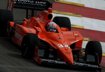 ST. PETERSBURG, FL - APRIL 03: Alex Tagliani, driver of the #34 Rexall Edmonton Indy Conquest Racing Dallara Honda drives into turn two during practice for the IRL IndyCar Series Honda Grand Prix of St. Petersburg on April 3, 2009 on the streets of St. Petersburg, Florida.  (Photo by Doug Benc/Getty Images)