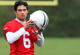 FLORHAM PARK, NJ - MAY 02:  Quarterback Mark Sanchez #6 of the New York Jets looks on during minicamp on May 2, 2009 at the Atlantic Health Jets Training Center in Florham Park, New Jersey.  (Photo by Jim McIsaac/Getty Images)