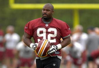 ASHBURN, VA - MAY 1:  Albert Haynesworth #92 of the Washington Redskins walks to drills during minicamp on May 1, 2009 at Redskins Park in Ashurn, Virginia.   (Photo by Mitchell Layton/Getty Images)