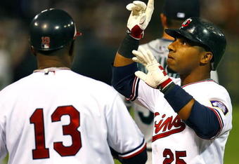 MINNEAPOLIS, MN - APRIL 6:  Alexi Casilla #25 of the Minnesota Twins reacts after singling in the first inning against the Seattle Mariners on Opening Day at the Metrodome on April 6, 2009 in Minneapolis, Minnesota. (Photo by Scott A. Schneider/Getty Images)