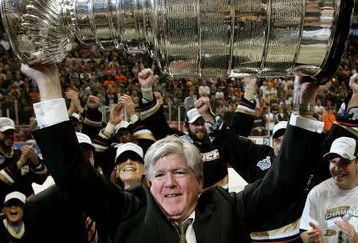 ANAHEIM, CA - JUNE 06:  General Manager, Brian Burke of the Anaheim Ducks hoists the Stanley Cup after his team's victory over the Ottawa Senators 6-2 during Game Five of the n June 6, 2007 at Honda Center in Anaheim, California.  (Photo by Jim McIsaac/Getty Images)