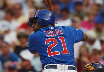 CHICAGO - JULY 16:  Sammy Sosa #21 of the Chicago Cubs bats during a game against the Milwaukee Brewers on July 16, 2004 at Wrigley Field in Chicago, Illinois.  The Brewers defeated the Cubs 3-2.  (Photo by Jonathan Daniel/Getty Images)