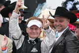 LOUISVILLE, KY - MAY 02:  (L) Jockey Calvin Borel holds the 135th Kentucky Derby trophy after his win atop Mine That Bird as owner (R) Mark Allen looks on in the winner's circle on May 2, 2009 at Churchill Downs in Louisville, Kentucky.  (Photo by Andy Lyons/Getty Images)