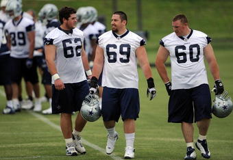 IRVING, TX - MAY 01:  (L-R)  Ryan Gibbons #62 , Matt Spanos #69 and Travis Bright #60 of the Dallas Cowboys during rookie mini camp on May 1, 2009 in Irving, Texas.  (Photo by Ronald Martinez/Getty Images)