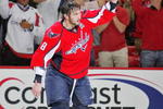 WASHINGTON - MAY 04:  Alex Ovechkin #8 of the Washington Capitals celebrates being named the first star of the game against the Pittsburgh Penguins during Game Two of the Eastern Conference Semifinal Round of the 2009 Stanley Cup Playoffs on May 4, 2009 at the Verizon Center in Washington,  DC.  (Photo by Len Redkoles/Getty Images)