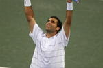 FLUSHING, NY - SEPTEMBER 8:  Pete Sampras celebrates defeating Andre Agassi during the finals of the US Open September 8, 2002 at the USTA National Tennis Center in Flushing Meadows Corona Park in Flushing, New York. (Photo by Robert Laberge/Getty Images)  