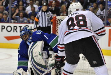 VANCOUVER, CANADA - MAY 2: Patrick Kane #88 of the Chicago Blackhawks takes a shot on Roberto Luongo #1 of the Vancouver Canucks during Game Two of the Western Conference Semifinals of the 2009 Stanley Cup Playoffs on May 02, 2009 at General Motors Place in Vancouver, British Columbia, Canada.  (Photo by Nick Didlick/Getty Images)