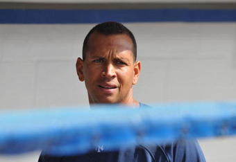 DUNEDIN, FL - FEBRUARY 25 :  Infielder Alex Rodriguez of the New York Yankees watches batting practice before play against the Toronto Blue Jays February 25, 2009 at Dunedin Stadium in Dunedin, Florida.  (Photo by Al Messerschmidt/Getty Images)