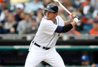 DETROIT - MARCH 31:  Clete Thomas #36 of the Detroit Tigers stands at the plate for his first major league at bat in the bottom of the eleventh inning against the Kansas City Royals during their game on Opening Day on March 31, 2008 at Comerica Park in Detroit, Michigan. Royals won 5-4 in 11 innings.  Thomas hit a double for his first major league hit. (Photo by Gregory Shamus/Getty Images)
