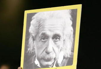 DETROIT - OCTOBER 13:  A fan of the Detroit Tigers holds up a sign that reads 'Got Leyland?' and has a likeness of Albert Einstein on is against the Oakland Athletics during Game Three of the American League Championship Series October 13, 2006 at Comerica Park in Detroit, Michigan. The Tigers won 3-0 to take a 3-0 series lead. (Photo by Jonathan Daniel/Getty Images)
