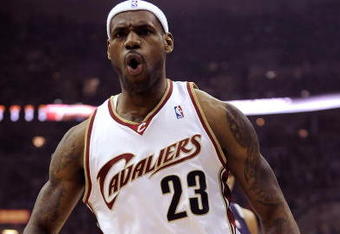 CLEVELAND - MAY 05:  LeBron James #23 of the Cleveland Cavaliers reacts after a first quarter dunk while playing the Atlanta Hawks in Game One of the Eastern Conference Semifinals during the 2009 NBA Playoffs at Quicken Loans Arena on May 5, 2009 in Cleveland, Ohio.  NOTE TO USER: User expressly acknowledges and agrees that, by downloading and or using this photograph, User is consenting to the terms and conditions of the Getty Images License Agreement.  (Photo by Gregory Shamus/Getty Images)