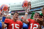 GAINESVILLE, FL - APRIL 18: Quarterbacks Tim Tebow #15 and John Brantley #12 of the University of Florida celebrate after the spring football orange and blue game April 18, 2009 at Ben Hill Griffin Stadium in Gainesville, Florida.  (Photo by Al Messerschmidt/Getty Images)
