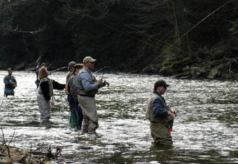 VOLANT, PA - APRIL 17:  Anglers line up in a section of the Neshannock Creek April 17, 2004 near Volant, Pennsylvania. Thousands of anglers across Pennsylvania cast their lines on Saturday, the first day of trout fishing season.  (Photo by Mark Stahl/Getty Images)