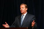 NEW YORK - MAY 13:  Roger Goodell the NFL commissioner addresses the media following his meeting with former New England Patriots video operator Matthew Walsh on May 13, 2008 at the Intercontinental Hotel in New York City. Walsh was there to discuss videotaping practices used by the Patriots in the Spygate controversy.  (Photo by Chris Trotman/Getty Images)
