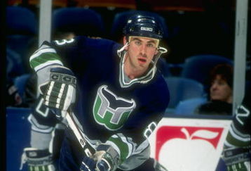 13 Feb 1997:  Leftwinger Geoff Sanderson of the Hartford Whalers moves down the ice during a game against the New Jersey Devils at the Continental Airlines Arena in East Rutherford, New Jersey.  The Devils won the game, 4-0. Mandatory Credit: Al Bello  /A