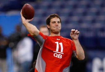 INDIANAPOLIS, IN - FEBRUARY 22:  Quarterback Graham Harrell of Texas Tech passes the football during the NFL Scouting Combine at Lucas Oil Stadium on February 22, 2009 in Indianapolis, Indiana. (Photo by Scott Boehm/Getty Images)