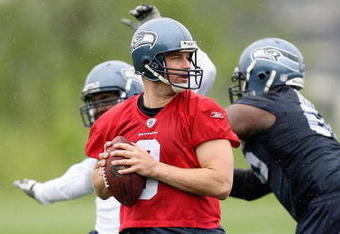 RENTON, WA - MAY 2:  Matt Hasselbeck #8 of the Seattle Seahawks drops back to pass during minicamp at the Seahawks training facility on May 2, 2009 in Renton, Washington. (Photo by Otto Greule Jr/Getty Images) 