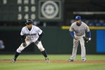 SEATTLE - APRIL 15:  Ichiro Suzuki #51 of the Seattle Mariners leads off first against Tony Pena #1 of the Kansas City Royals on April 15, 2008 at Safeco Field in Seattle, Washington. (Photo by Otto Greule Jr/Getty Images)