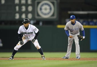 SEATTLE - APRIL 15:  Ichiro Suzuki #51 of the Seattle Mariners leads off first against Tony Pena #1 of the Kansas City Royals on April 15, 2008 at Safeco Field in Seattle, Washington. (Photo by Otto Greule Jr/Getty Images)