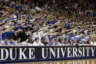 DURHAM, NC - FEBRUARY 20: Duke Blue Devils fans cheer during the game against the Wake Forest Demon Deacons at Cameron Indoor Stadium on February 20, 2005 in Durham, North Carolina. The Blue Devils won 102-92.(Photo by Craig Jones/Getty Images)