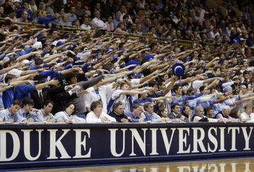 DURHAM, NC - FEBRUARY 20:  Duke Blue Devils fans cheer during the game against the Wake Forest Demon Deacons at Cameron Indoor Stadium on February 20, 2005 in Durham, North Carolina. The Blue Devils won 102-92.(Photo by Craig Jones/Getty Images)