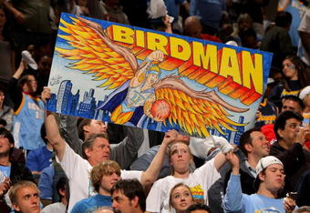 DENVER - APRIL 19:  Fans hold up a sign in support of 'The Birdman', Chris Andersen #11 of the Denver Nuggets as they face the New Orleans Hornets defends in Game One of the Western Conference Quarterfinals during the 2009 NBA Playoffs at Pepsi Center on April 19, 2009 in Denver, Colorado. The Nuggets defeated the Hornets 113-84.  NOTE TO USER: User expressly acknowledges and agrees that, by downloading and or using this photograph, User is consenting to the terms and conditions of the Getty Images License Agreement.  (Photo by Doug Pensinger/Getty Images)