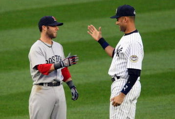 NEW YORK - MAY 05:  Derek Jeter #2 of the New York Yankees talks with Dustin Pedroia #15 of the Boston Red Sox prior to their game on May 5, 2009 at Yankee Stadium in the Bronx borough of New York City. The Red Sox defeated the Yankees 7-3. (Photo by Jim McIsaac/Getty Images)