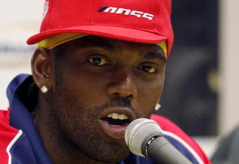 SPARTA, KY - JULY 19:  Randy Moss, owner of the #81 Rascal Flatts Chevrolet truck addresses the media at press conference before the NASCAR Craftsman Truck Series Built Ford Tough 225 at the Kentucky Speedway on July 19, 2008 in Sparta, Kentucky.  (Photo by John Sommers II/Getty Images)