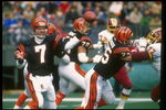 17 Dec 1988:  Quarterback Boomer Esiason of the Cincinnati Bengals (left) throws the ball during a game against the Washington Redskins at Riverfront Stadium in Cincinnati, Ohio.  The Bengals won the game, 20-17. Mandatory Credit: Jonathan Daniel  /Allspo