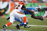 CINCINNATI - AUGUST 17:  Calvin Johnson #81 of the Detoit Lions catches a pass while defended by Johnathan Joseph #22 of the Cincinnati Bengals during the NFL game against  at Paul Brown Stadium on August 17, 2008 in Cincinnati, Ohio.  (Photo by Andy Lyons/Getty Images)